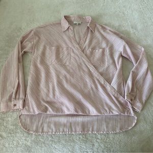 Lucky Brand Pink Stripe Surplice Long Sleeved Collared Top size medium